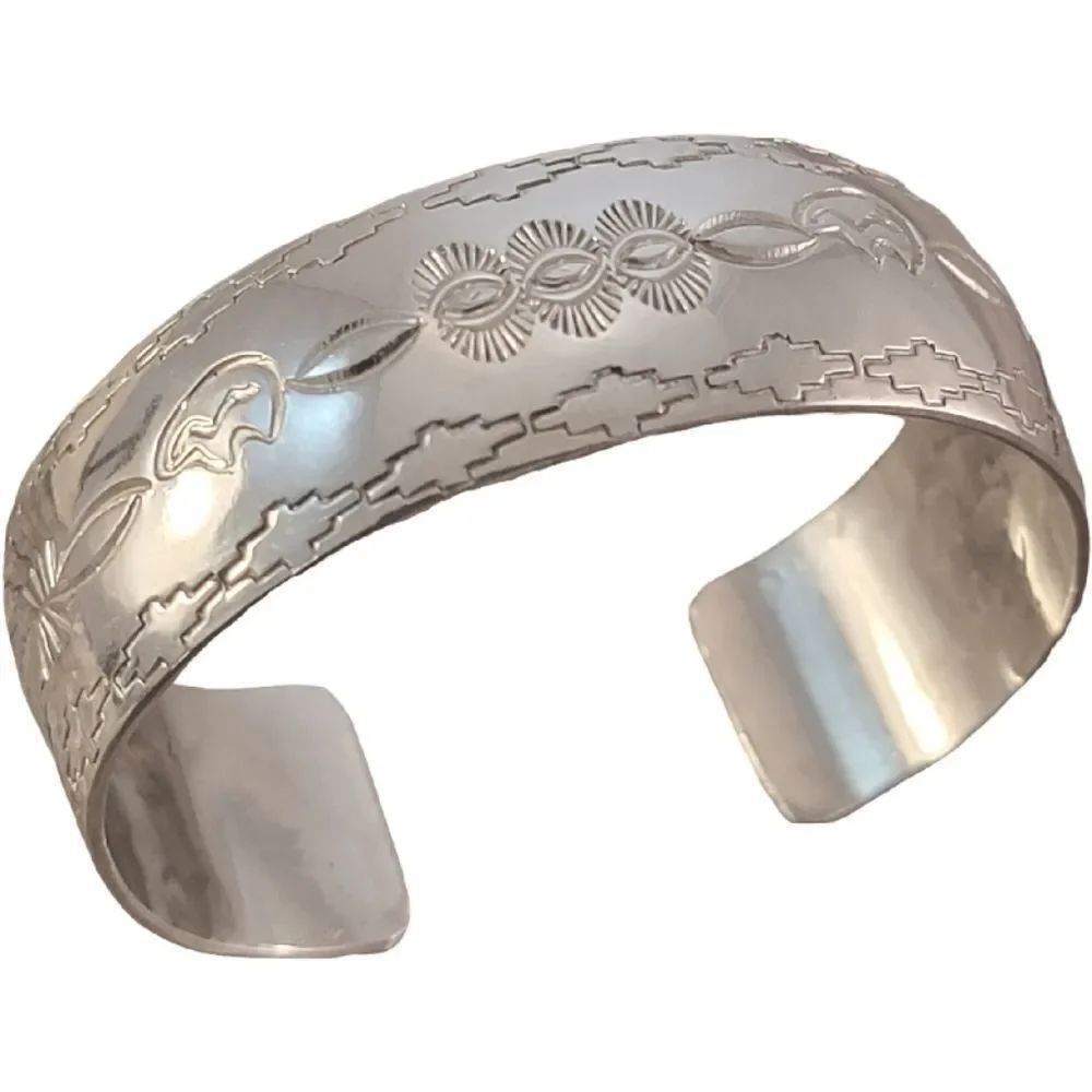 Belinda Woody Sterling Silver Navajo Stamped Wide Cuff Bracelet